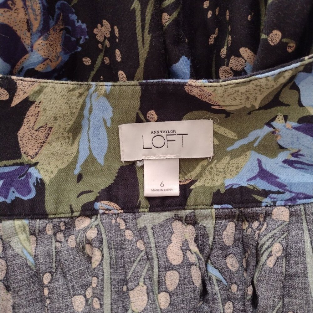 Ann Taylor Loft Floral Full Skirt S6 Black Blue Green Metallic Cotton w Pockets - Picture 2 of 8